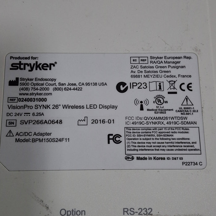 Stryker Stryker VisionPro SYNK 26 Wireless LED Display Rigid Endoscopy reLink Medical