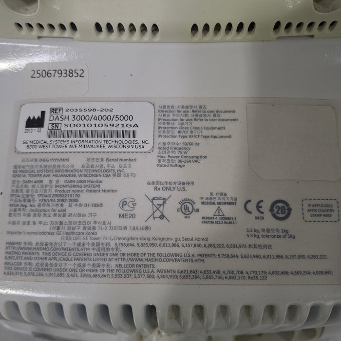 GE Healthcare Dash 4000 - Masimo SpO2 Patient Monitor