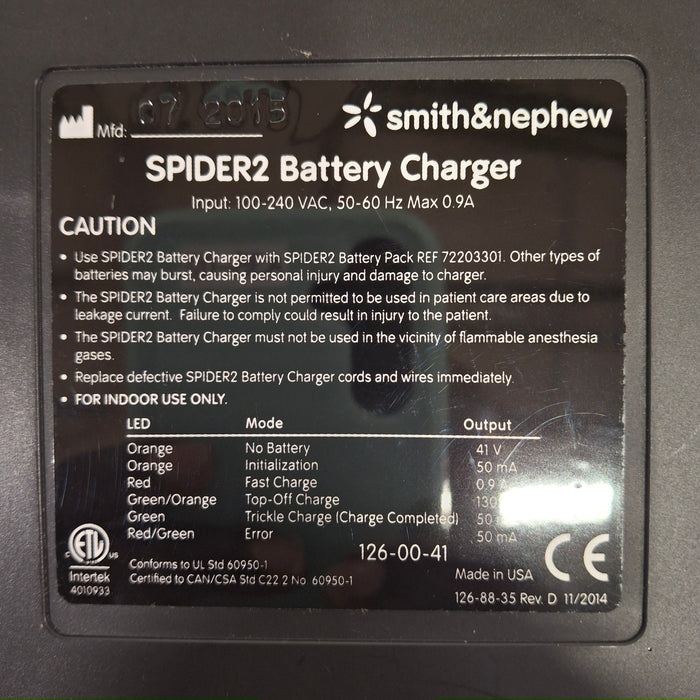 Smith & Nephew 72203301 Spider2 Battery Charger