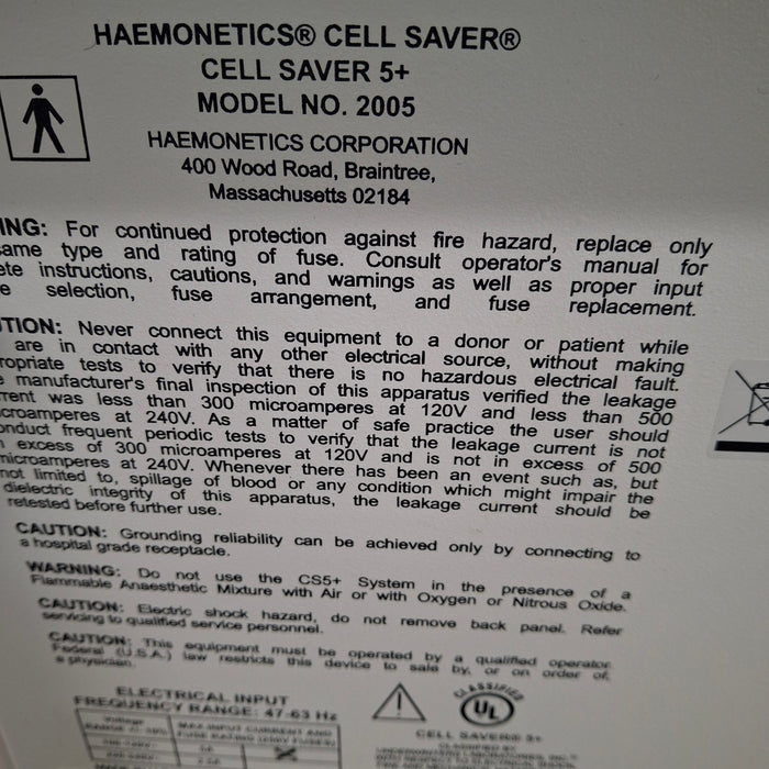 Haemonetics Haemonetics Cell Saver 5+ Autologous Blood Recovery System Cardiology reLink Medical