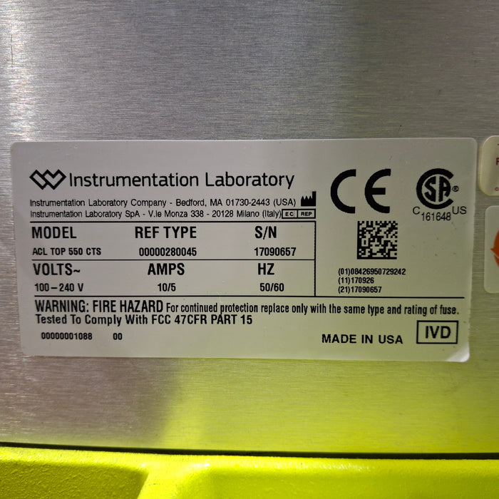 Instrumentation Laboratory Company Instrumentation Laboratory Company ACL TOP 550 CTS Coagulation Analyzer Clinical Lab reLink Medical