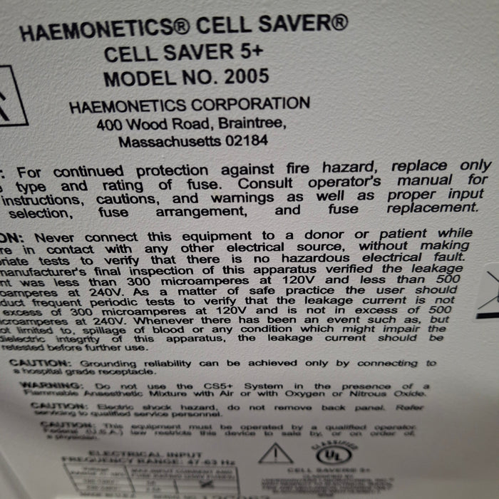 Haemonetics Cell Saver 5+ Autologous Blood Recovery System
