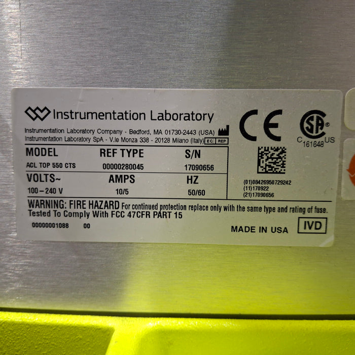 Instrumentation Laboratory Company ACL TOP 550 CTS Coagulation Analyzer