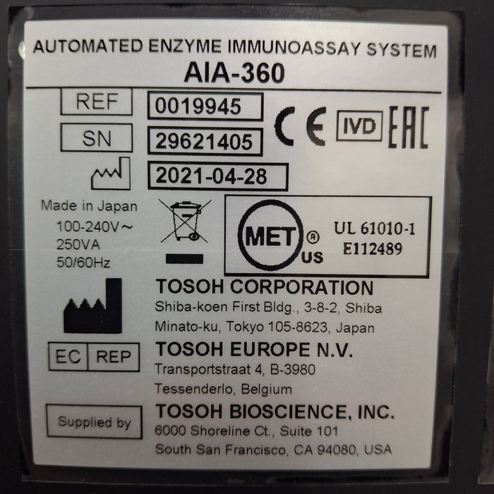 Tosoh Bioscience, Inc Tosoh Bioscience, Inc AIA-360 Immunoassay Analyzer Clinical Lab reLink Medical