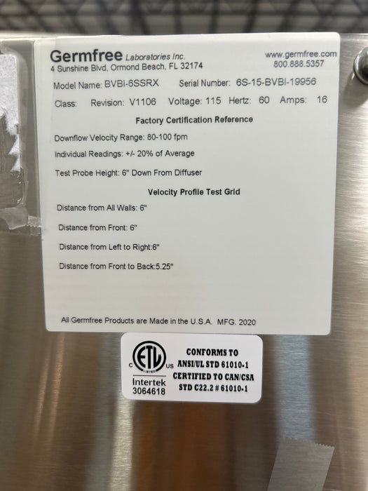 Germfree Germfree BVBI-6SSRX Horizontal Laminar Flow Hood Research Lab reLink Medical