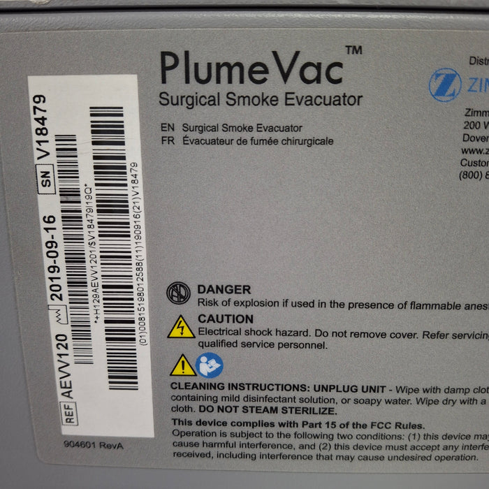 Zimmer PlumeVac AEVV120 Surgical Smoke Evacuator