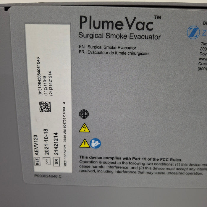 Zimmer Zimmer PlumeVac AEVV120 Surgical Smoke Evacuator Surgical Equipment reLink Medical