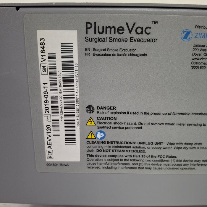 Zimmer PlumeVac AEVV120 Surgical Smoke Evacuator