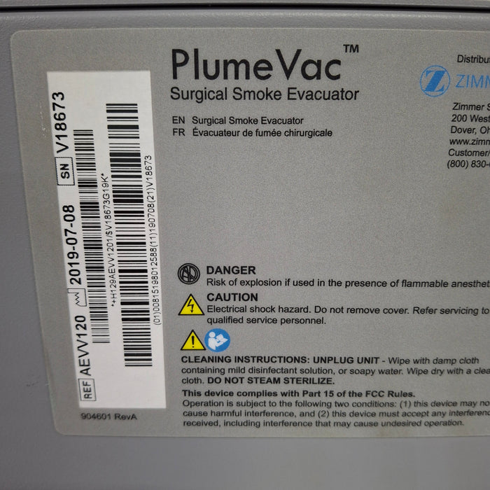 Zimmer Zimmer PlumeVac AEVV120 Surgical Smoke Evacuator Surgical Equipment reLink Medical