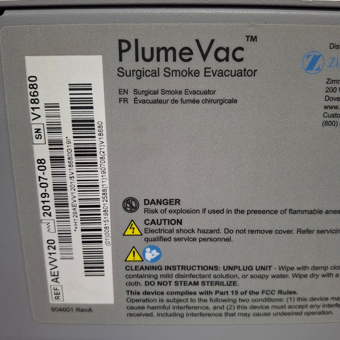 Zimmer Zimmer PlumeVac AEVV120 Surgical Smoke Evacuator Surgical Equipment reLink Medical