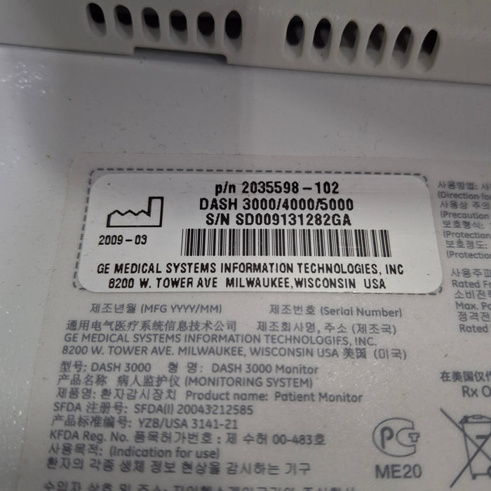GE Healthcare Dash 3000 - Masimo SpO2 Patient Monitor