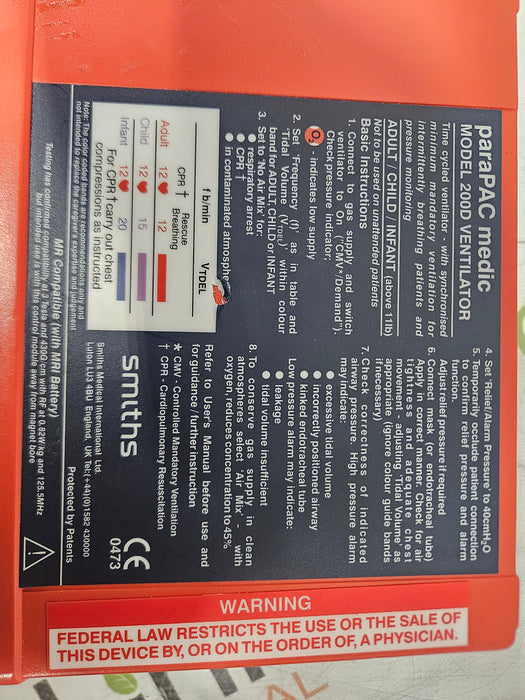 Smiths Medical Smiths Medical Pneupac ParaPAC 200D Ventilator Respiratory reLink Medical