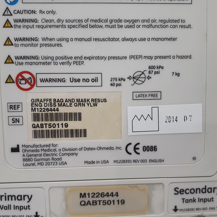 GE Healthcare Giraffe 1510 Bag & Mask Infant Resuscitation System
