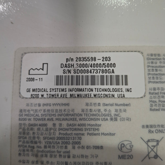 GE Healthcare Dash 4000 - GE/Nellcor SpO2 Patient Monitor