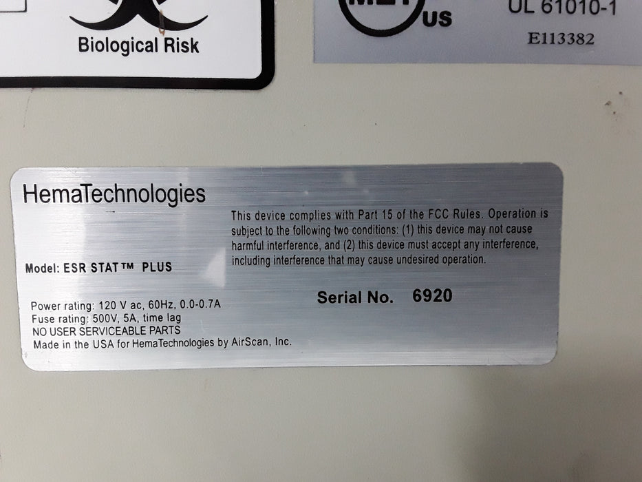 Hema Technology Inc ESR Stat Plus Blood Analzyer