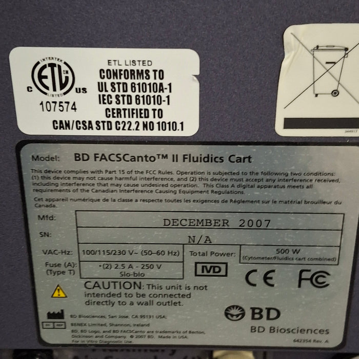Becton Dickinson Becton Dickinson FACScanto II Fluidics Cart Research Lab reLink Medical