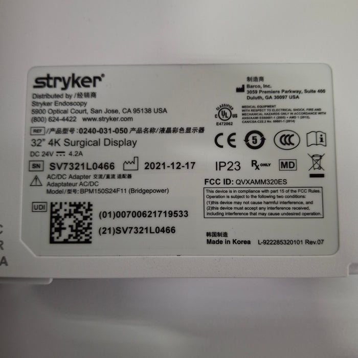 Stryker Stryker 32" 4K Surgical Display Monitor Rigid Endoscopy reLink Medical