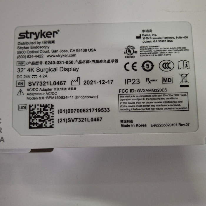 Stryker Stryker 32" 4K Surgical Display Monitor Rigid Endoscopy reLink Medical