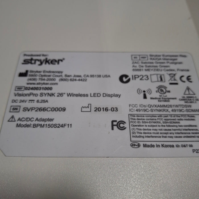 Stryker Stryker VisionPro SYNK 26 Wireless LED Display Rigid Endoscopy reLink Medical