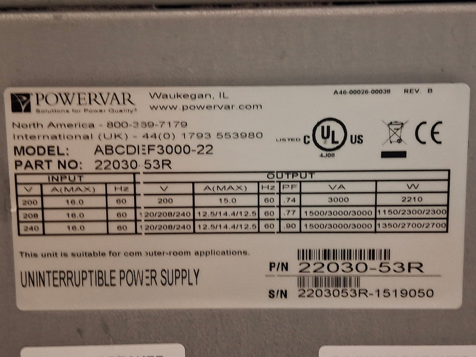 Powervar Powervar ABCDEF3000-22 Security Plus Series UPS Test Equipment reLink Online