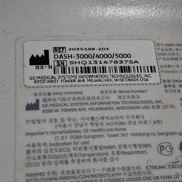 GE Healthcare Dash 4000 - Masimo SpO2 Patient Monitor