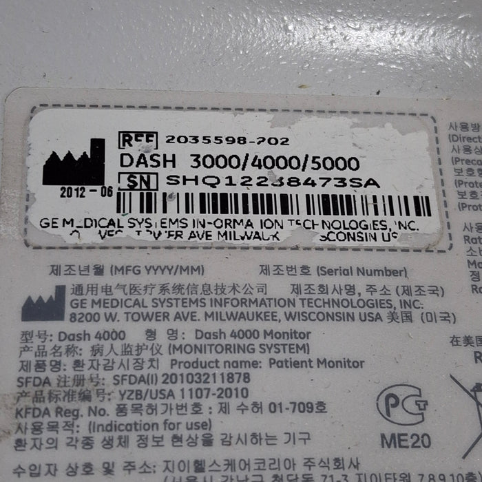 GE Healthcare Dash 4000 - Masimo SpO2 Patient Monitor