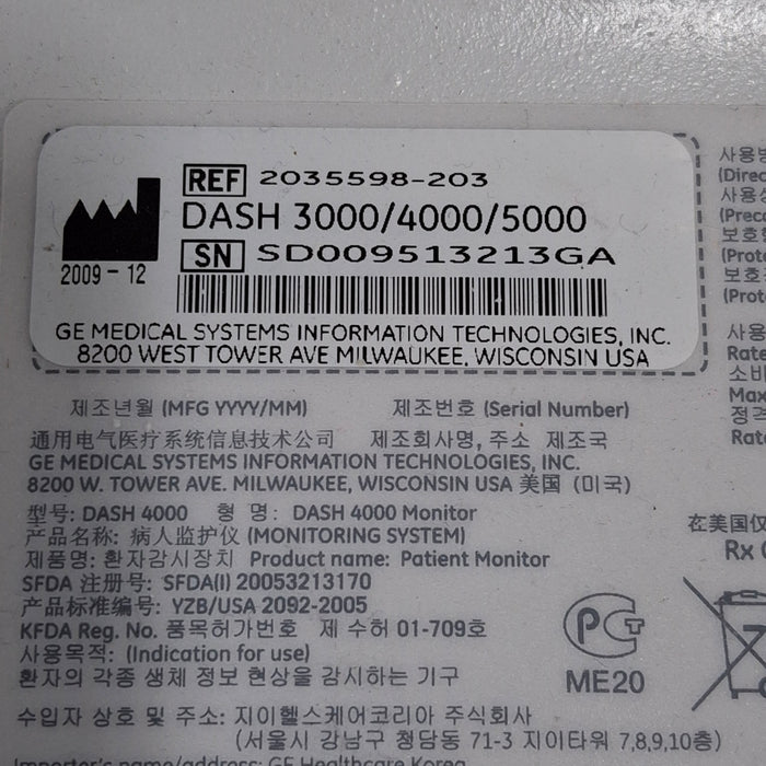 GE Healthcare Dash 4000 - GE/Nellcor SpO2 Patient Monitor