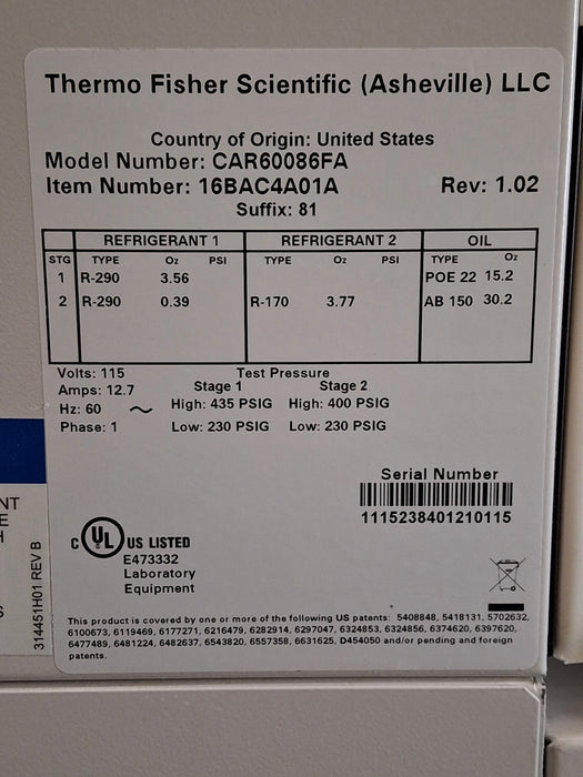 Thermo Scientific CAR60086FA Ultra-Low Freezer