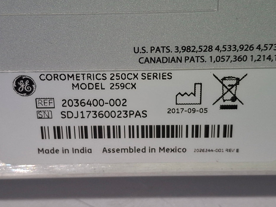 GE Healthcare Corometrics 250cx Series Model 259cx Fetal Monitor