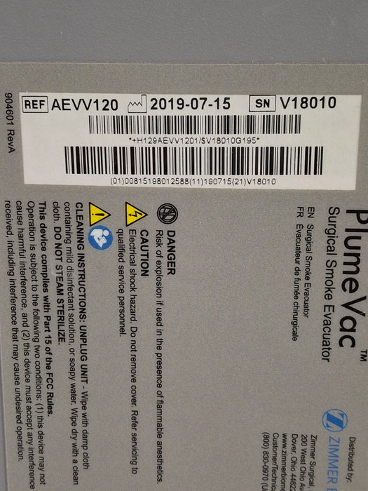 Zimmer PlumeVac AEVV120 Surgical Smoke Evacuator