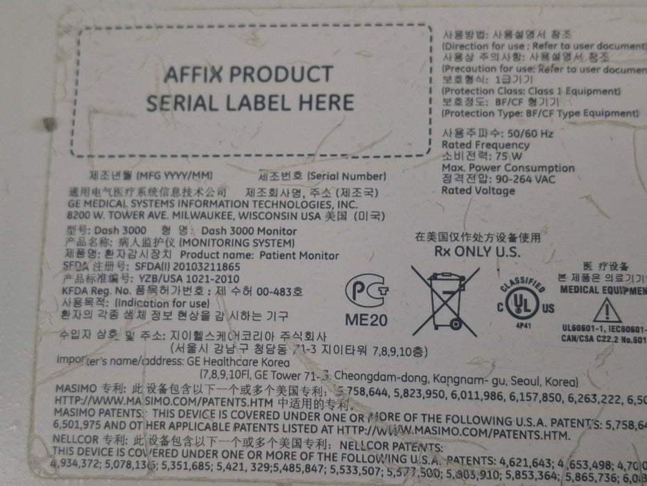 GE Healthcare Dash 3000 - Masimo SpO2 Patient Monitor