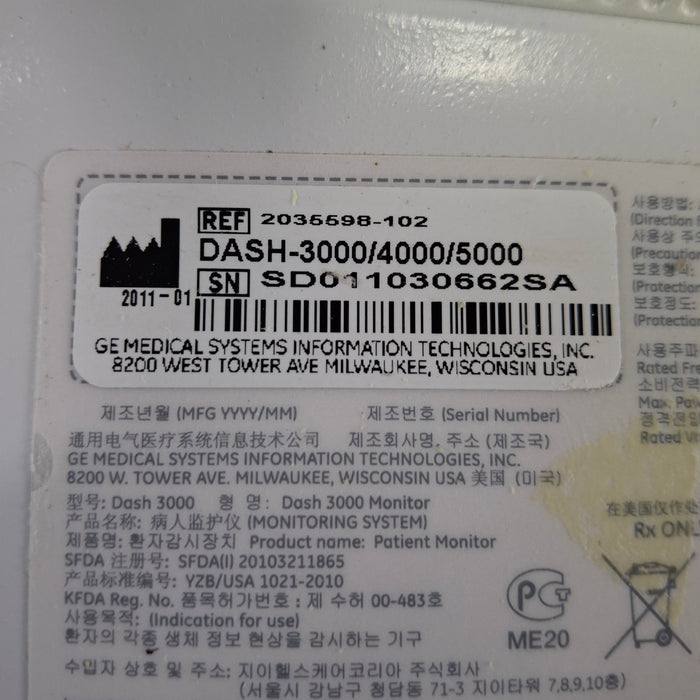 GE Healthcare Dash 3000 - Masimo SpO2 Patient Monitor