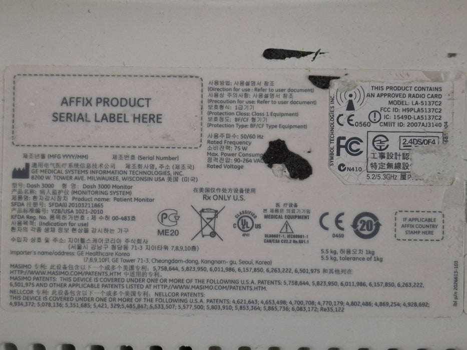 GE Healthcare Dash 3000 - GE/Nellcor SpO2 Patient Monitor