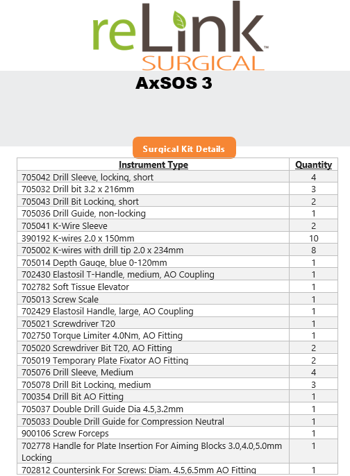 Stryker AxSOS 3 5.0 ORIF Instrument Insert & Screws