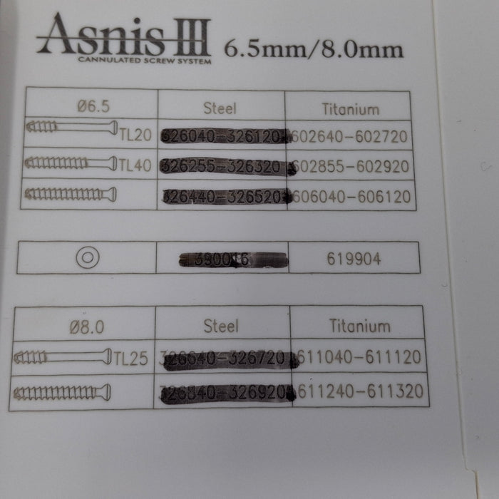 Stryker 901584 Asnis III Cannulated Screw System, 6.5mm/8.0mm