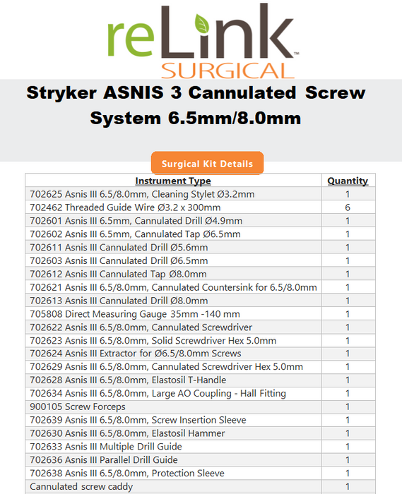 Stryker 901584 Asnis III Cannulated Screw System, 6.5mm/8.0mm