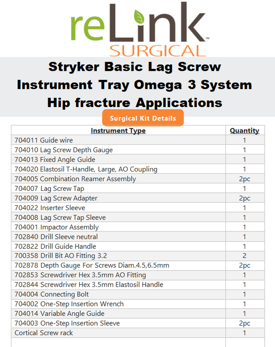 Stryker Omega 3 System Basic Lag Screw Instrument Tray