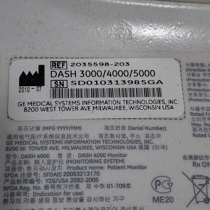 GE Healthcare Dash 4000 - Masimo SpO2 Patient Monitor