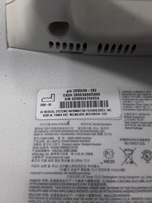 GE Healthcare Dash 4000 - Masimo SpO2 Patient Monitor
