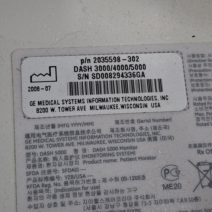 GE Healthcare Dash 5000 - Masimo SpO2 Patient Monitor