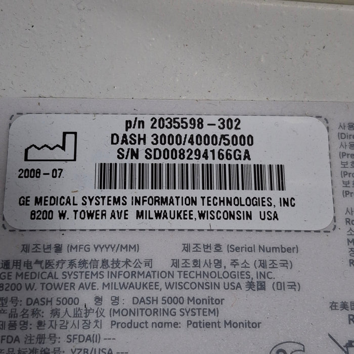 GE Healthcare Dash 5000 - GE/Nellcor SpO2 Patient Monitor