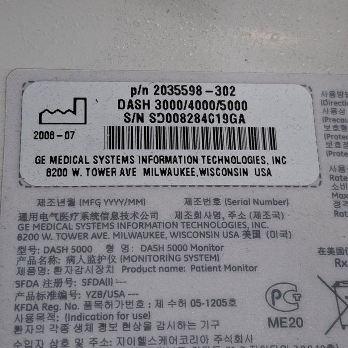GE Healthcare Dash 5000 - Masimo SpO2 Patient Monitor