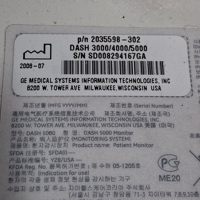 GE Healthcare Dash 5000 - Masimo SpO2 Patient Monitor