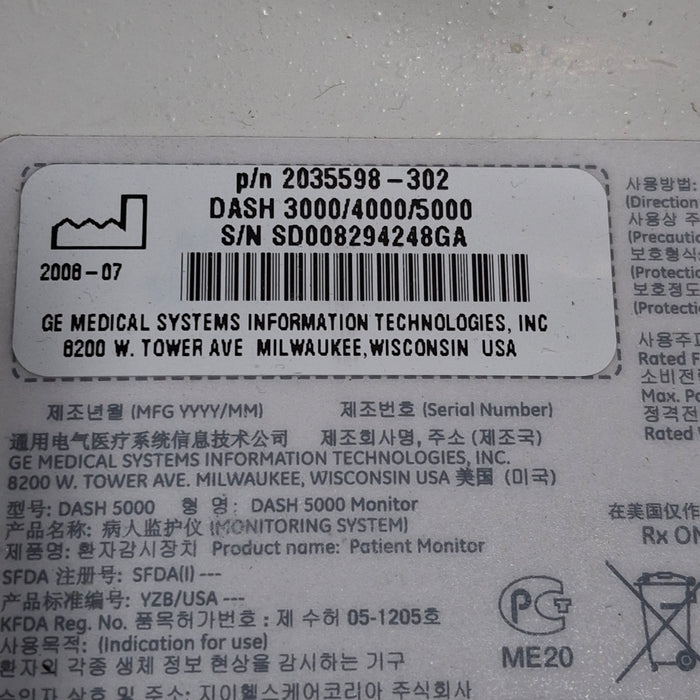 GE Healthcare Dash 5000 - Masimo SpO2 Patient Monitor