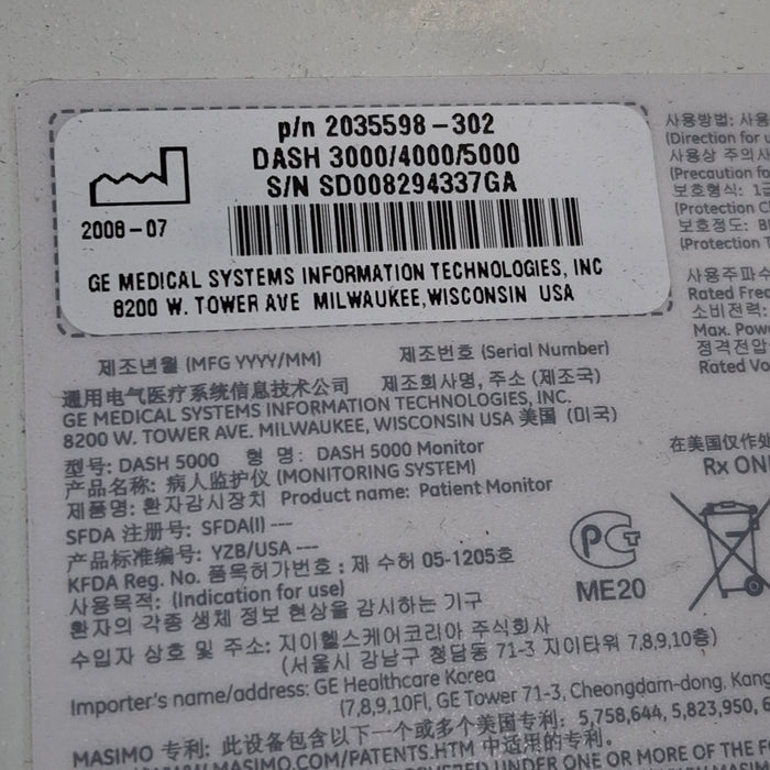 GE Healthcare Dash 5000 - Masimo SpO2 Patient Monitor