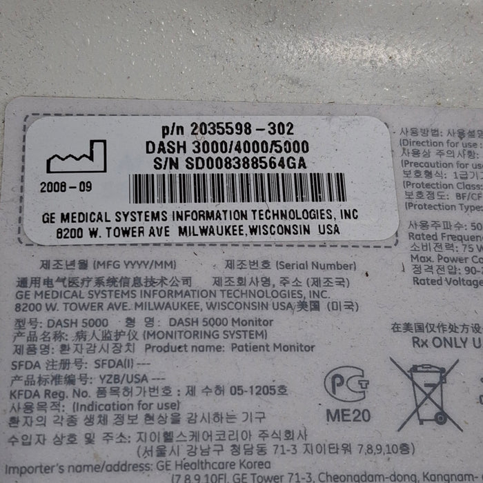 GE Healthcare Dash 5000 - Masimo SpO2 Patient Monitor