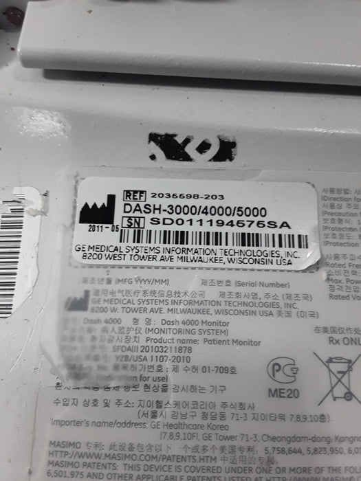 GE Healthcare Dash 4000 - Masimo SpO2 Patient Monitor