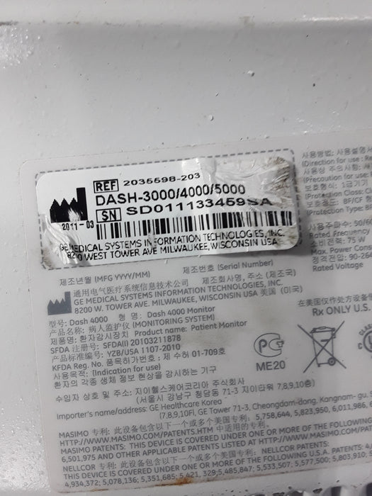 GE Healthcare Dash 4000 - GE/Nellcor SpO2 Patient Monitor