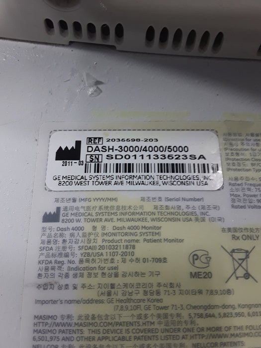 GE Healthcare Dash 4000 - GE/Nellcor SpO2 Patient Monitor