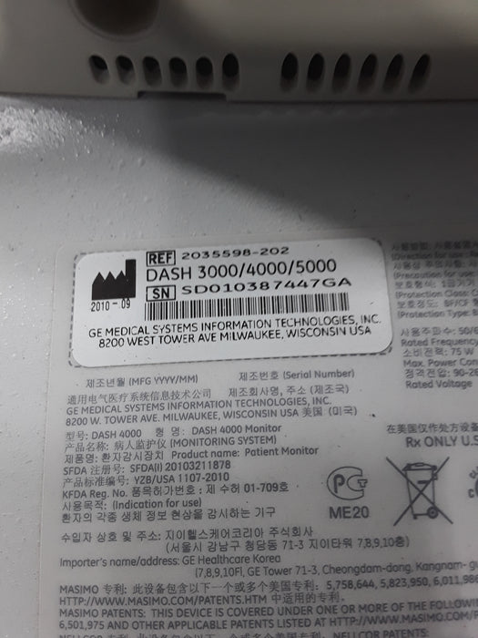 GE Healthcare Dash 4000 - Masimo SpO2 Patient Monitor